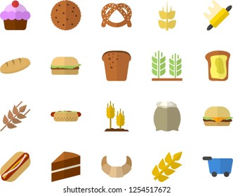Color flat icon set cake flat vector, rolling pin, flour, ear, biscuit, bagel, croissant, bread, hamburger, hot dog, sandwich, grocery trolley fector