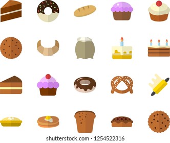 Color flat icon set cake flat vector, rolling pin, flour, biscuit, pancakes, bagel, croissant, bread, cupcake, piece of, donut, pie