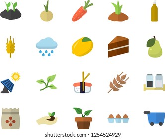 Color flat icon set cake flat vector, spice, ear, lemon, egg, onion, sashimi, pear, mustard, seeds, home plant, carrot, seedlings, planting plants, rain, solar battery, tree leaf