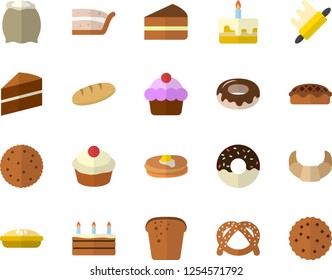 Color flat icon set cake flat vector, rolling pin, flour, biscuit, pancakes, bagel, croissant, bread, cupcake, piece of, donut, pie