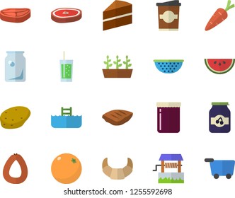 Color flat icon set cake flat vector, colander, potato, chop, croissant, sausage, watermelon, soda, coffe, jam, orange, well, carrot, seedlings, glass bottles, pool fector, grocery trolley
