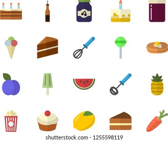 Color flat icon set cake flat vector, whisk, sauce, lemon, pancakes, watermelon, cupcake, piece of, lollipop, popcorn, ice cream, jam, pineapple, plum, carrot