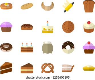 Color flat icon set cake flat vector, rolling pin, flour, biscuit, pancakes, bagel, croissant, bread, cupcake, piece of, donut, pie