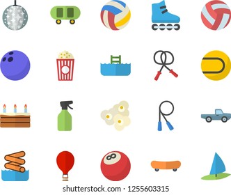 Color flat icon set cake flat vector, popcorn, pickup truck, pulverizer, bowling ball, skateboard, volleyball, skipping rope, tennis, roller Skates, balloon fector, disco, aquapark, pool