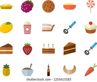 Color flat icon set cake flat vector, whisk, sauce, lemon, croissant, cupcake, piece of, porridge, pie, lollipop, popcorn, Strawberry, blackberry, pineapple, biscuit, carrot