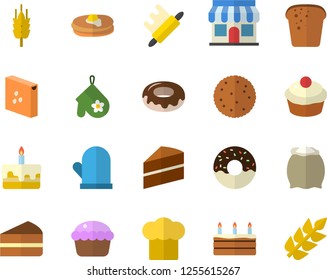 Color flat icon set cake flat vector, cook hat, potholder, rolling pin, flour, groats, biscuit, pancakes, bread, cupcake, piece of, donut, ear, store front