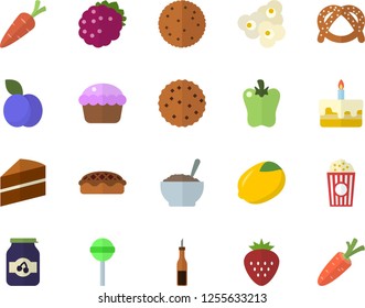 Color flat icon set cake flat vector, sauce, lemon, biscuit, bagel, cupcake, porridge, pie, lollipop, bell pepper, popcorn, jam, Strawberry, blackberry, plum, carrot