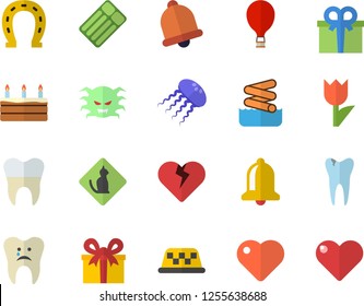 Color flat icon set cake flat vector, horseshoe, tulip, present, heart, virus, caries, dental crowns, balloon fector, aquapark, pets allowed, inflatable mattress, taxi, jellyfish, bell
