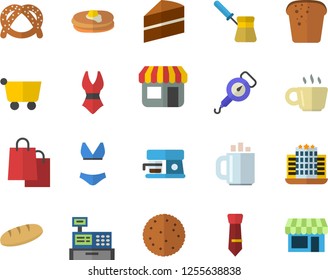 Color flat icon set cake flat vector, spring balance, turk, coffee machine, biscuit, pancakes, bagel, bread, store front, grocery trolley, bags, cash, tie, swimsuit, hotel fector, shop