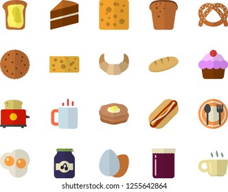 Color flat icon set cake flat vector, toaster, table setting, biscuit, bagel, croissant, cheese, egg, bread, hot dog, tea, scrambled eggs, jam, sandwich, pancakes, coffee