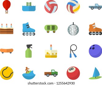 Color flat icon set cake flat vector, pickup truck, pulverizer, bowling ball, skateboard, volleyball, skipping rope, tennis, roller Skates, balloon fector, disco, surfing, pool, windsurfing