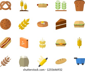 Color flat icon set cake flat vector, rolling pin, flour, groats, ear, biscuit, pancakes, bagel, bread, hamburger, hot dog, grocery trolley fector