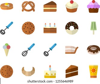 Color flat icon set cake flat vector, whisk, biscuit, pancakes, bagel, croissant, cupcake, piece of, donut, ice cream, sun protection fector
