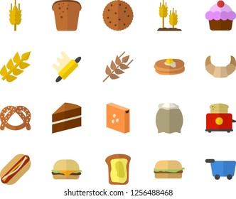 Color flat icon set cake flat vector, rolling pin, toaster, flour, groats, ear, biscuit, pancakes, bagel, croissant, bread, hamburger, hot dog, sandwich, grocery trolley fector