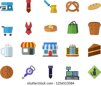 Color flat icon set cake flat vector, spring balance, turk, coffee machine, biscuit, pancakes, bagel, bread, store front, grocery trolley, bags, cash, tie, swimsuit, hotel fector, pets allowed