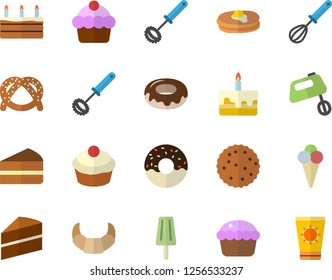 Color flat icon set cake flat vector, whisk, mixer, pancakes, bagel, croissant, cupcake, piece of, donut, ice cream, biscuit, sun protection fector