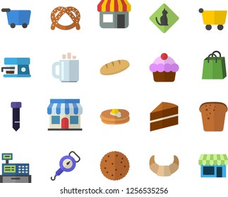 Color flat icon set cake flat vector, spring balance, coffee machine, biscuit, pancakes, bagel, croissant, bread, store front, grocery trolley, bags, cash, tie, pets allowed fector, shop
