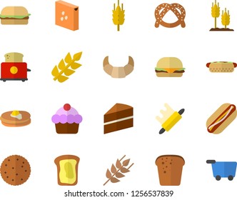 Color flat icon set cake flat vector, rolling pin, toaster, groats, ear, biscuit, pancakes, bagel, croissant, bread, hamburger, hot dog, sandwich, grocery trolley fector