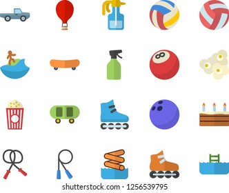Color flat icon set cake flat vector, popcorn, pickup truck, pulverizer, bowling ball, skateboard, volleyball, skipping rope, roller Skates, balloon fector, surfing, aquapark, pool