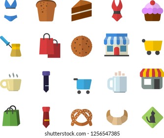 Color flat icon set cake flat vector, turk, biscuit, bagel, croissant, bread, store front, grocery trolley, bags, coffee, tie, swimsuit, pets allowed fector