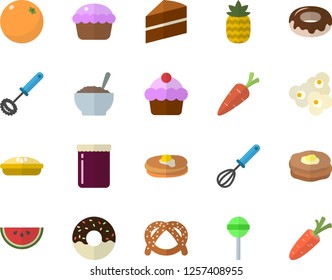 Color flat icon set cake flat vector, whisk, pancakes, bagel, watermelon, cupcake, donut, porridge, pie, lollipop, popcorn, jam, pineapple, orange, carrot