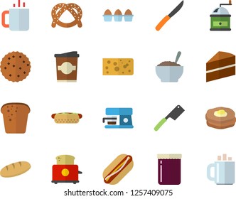Color flat icon set cake flat vector, knives, coffee grinder, toaster, machine, bagel, cheese, egg, bread, hot dog, porridge, coffe, tea, jam, pancakes, biscuit
