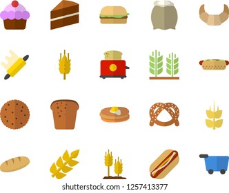 Color flat icon set cake flat vector, rolling pin, toaster, flour, biscuit, pancakes, bagel, croissant, bread, hamburger, hot dog, ear, grocery trolley fector