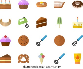 Color flat icon set cake flat vector, whisk, mixer, biscuit, pancakes, bagel, croissant, cupcake, piece of, donut, ice cream, sun protection fector
