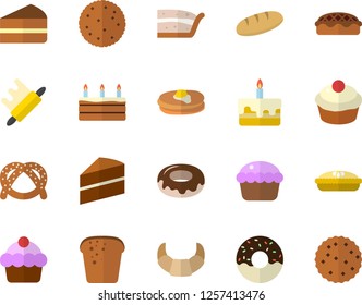 Color flat icon set cake flat vector, rolling pin, biscuit, pancakes, bagel, croissant, bread, cupcake, piece of, donut, pie