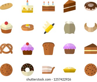 Color flat icon set cake flat vector, rolling pin, flour, biscuit, pancakes, bagel, croissant, bread, cupcake, piece of, donut, pie