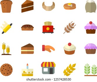 Color flat icon set cake flat vector, potholder, rolling pin, toaster, flour, ear, pancakes, croissant, bread, cupcake, piece of, pie, biscuit, store front