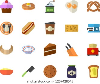 Color flat icon set cake flat vector, knives, coffee grinder, toaster, machine, table setting, biscuit, pancakes, bagel, croissant, cheese, hot dog, dish, porridge, coffe, scrambled eggs, jam