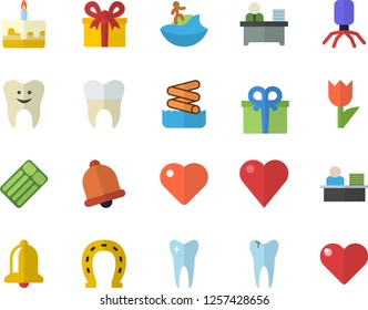 Color flat icon set cake flat vector, horseshoe, tulip, present, heart, virus, tooth, caries, dental crowns, office worker, surfing fector, aquapark, inflatable mattress, bell