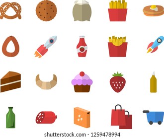 Color flat icon set cake flat vector, flour, groats, biscuit, pancakes, bagel, croissant, sausage, French fries, Strawberry, mustard, ketchup, glass bottles, rocket, bags, grocery trolley fector