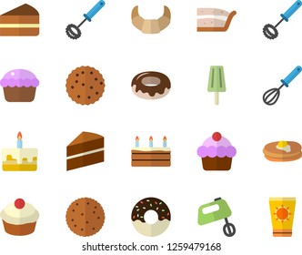 Color flat icon set cake flat vector, whisk, mixer, biscuit, pancakes, croissant, cupcake, piece of, donut, ice cream, sun protection fector
