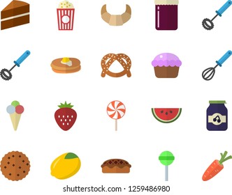 Color flat icon set cake flat vector, whisk, lemon, pancakes, bagel, croissant, watermelon, cupcake, pie, lollipop, popcorn, ice cream, jam, Strawberry, biscuit, carrot