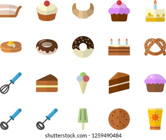 Color flat icon set cake flat vector, whisk, biscuit, pancakes, bagel, croissant, cupcake, piece of, donut, ice cream, sun protection fector