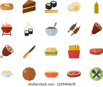 Color flat icon set cake flat vector, knives, barbecue, chop, pancakes, spaghetti, hamburger, porridge, ham, shashlik, cutlet, French fries, fish rolls, scrambled eggs, mustard, table setting fector