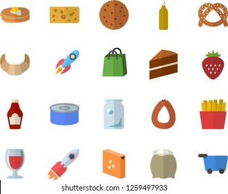 Color flat icon set cake flat vector, flour, groats, ketchup, biscuit, pancakes, bagel, croissant, sausage, cheese, canned food, French fries, wine, Strawberry, mustard, glass bottles, rocket, bags