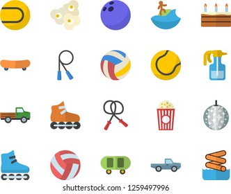 Color flat icon set cake flat vector, popcorn, pickup truck, pulverizer, bowling ball, skateboard, volleyball, skipping rope, tennis, roller Skates, disco fector, surfing, aquapark
