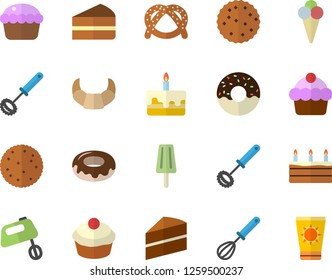 Color flat icon set cake flat vector, whisk, mixer, biscuit, bagel, croissant, cupcake, piece of, donut, ice cream, sun protection fector