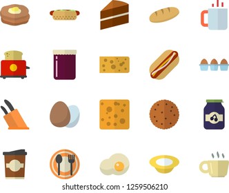 Color flat icon set cake flat vector, knives, toaster, egg, table setting, biscuit, cheese, bread, hot dog, dish, coffe, tea, scrambled eggs, jam, pancakes, coffee