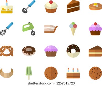 Color flat icon set cake flat vector, whisk, mixer, biscuit, pancakes, bagel, croissant, cupcake, piece of, donut, ice cream