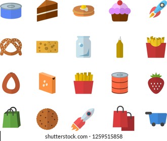 Color flat icon set cake flat vector, groats, biscuit, pancakes, bagel, sausage, cheese, canned food, French fries, Strawberry, mustard, glass bottles, rocket, bags, grocery trolley fector