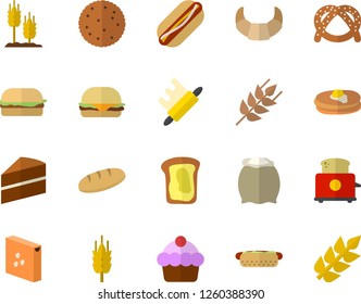Color flat icon set cake flat vector, rolling pin, toaster, flour, groats, ear, biscuit, pancakes, bagel, croissant, bread, hamburger, hot dog, sandwich