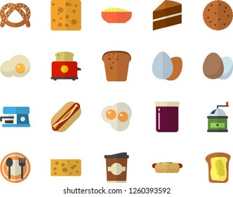Color flat icon set cake flat vector, coffee grinder, toaster, machine, egg, table setting, biscuit, bagel, cheese, bread, hot dog, porridge, coffe, scrambled eggs, jam, sandwich