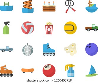 Color flat icon set cake flat vector, popcorn, pickup truck, pulverizer, bowling ball, skateboard, volleyball, skipping rope, tennis, roller Skates, disco fector, surfing, aquapark, pool