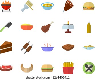 Color flat icon set cake flat vector, knives, barbecue, ham, croissant, spaghetti on a fork, hamburger, soup, porridge, chop, shashlik, French fries, mustard, romantic dinner fector, table setting