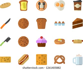 Color flat icon set cake flat vector, knives, table setting, biscuit, pancakes, bagel, cheese, egg, bread, hot dog, coffe, scrambled eggs, sandwich, coffee