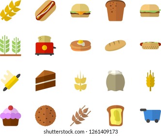 Color flat icon set cake flat vector, rolling pin, toaster, flour, ear, biscuit, pancakes, bread, hamburger, hot dog, sandwich, grocery trolley fector